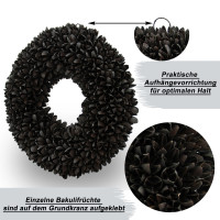 Dekokranz - Türkranz aus Bakuli-Früchten mit Ring zum aufhängen oder als Tischdekoration - dekorativer Kranz aus Naturmaterialien - handgefertigt (30cm, Schwarz)