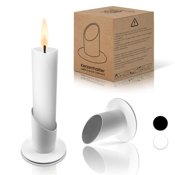 Modern minimalistischer Kerzenständer aus Metall - Deko Kerzenhalter lackiert für Tafelkerzen, Kommunionskerzen und Stabkerzen (2er Set für Taufkerze / Teelichter Ø-40mm, weiß)