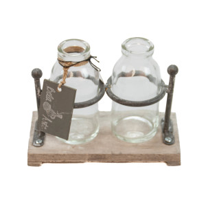 Glasvasen-Set in einem Eisengestell. Dekorations-Set als Tischdekoration mit 2 Glasflaschen