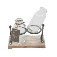Glasvasen-Set in einem Eisengestell. Dekorations-Set als Tischdekoration mit 2 Glasflaschen
