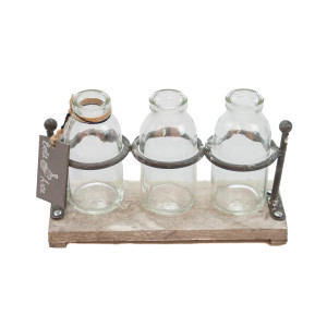 Glasvasen-Set in einem Eisengestell. Dekorations-Set als Tischdekoration mit 3 Glasflaschen